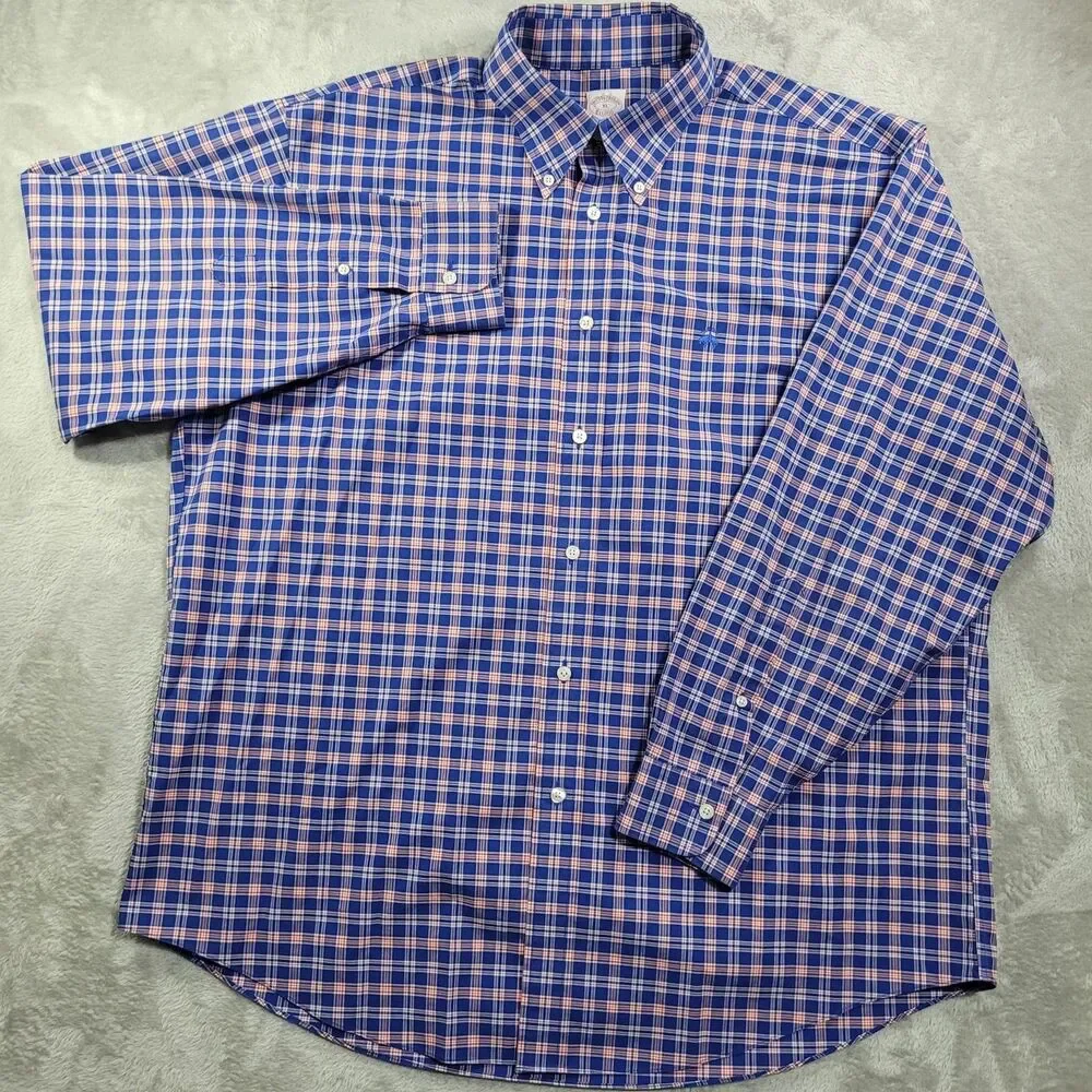 Brooks Brothers Dress Shirt Mens XL Blue Plaid Non Iron Stretch Button Down
